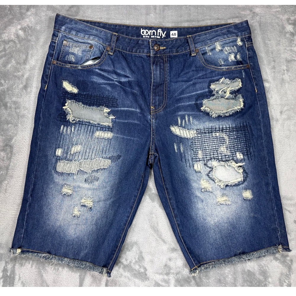Born Fly Mens Distressed Rip Repair Denim Shorts Dark Wash Blue Size 40